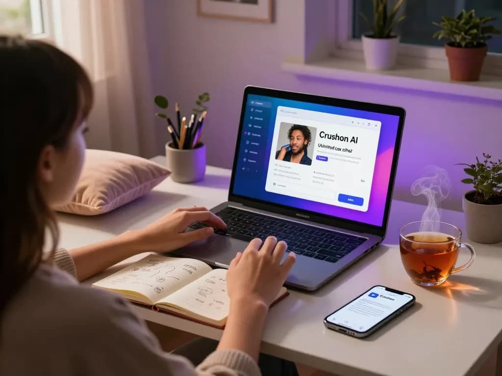 Interactive Crushon AI sex chat AI setup at home with laptop and tea