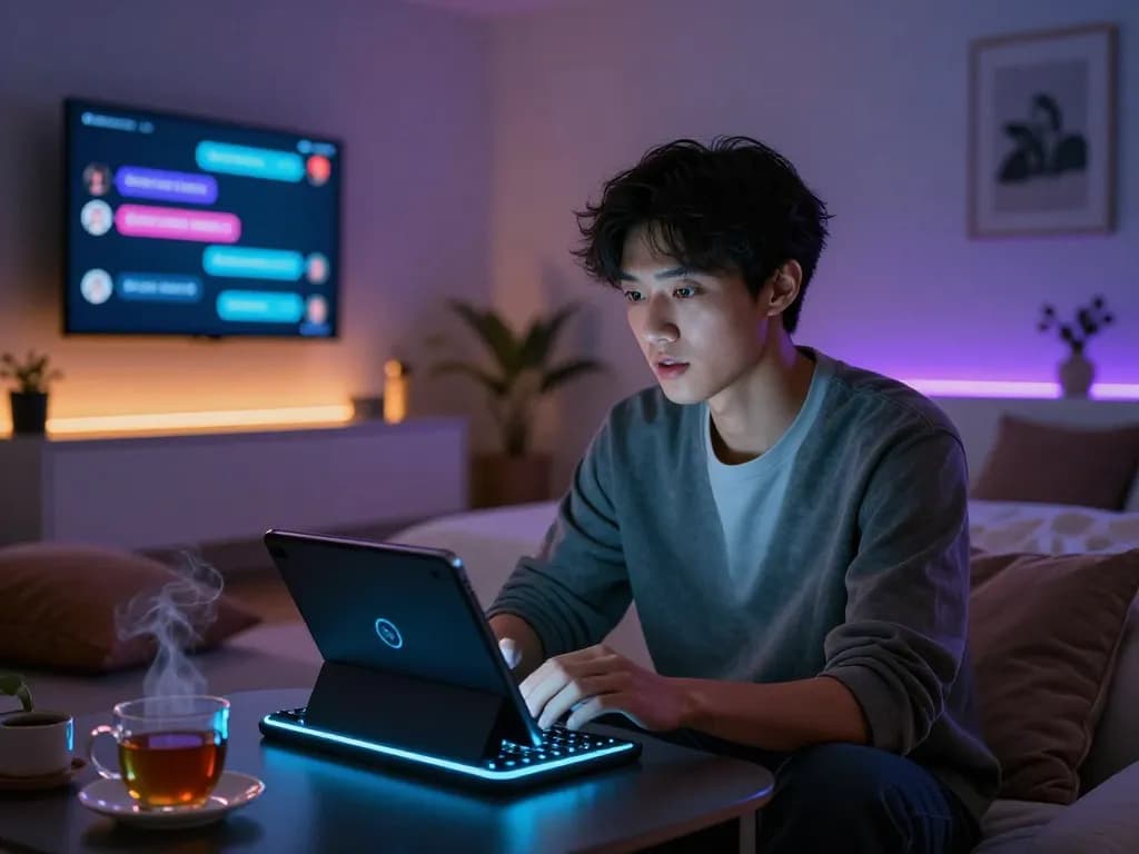 Engaged user enjoying sex chat AI on a sleek tablet in a cozy, tech-savvy environment.