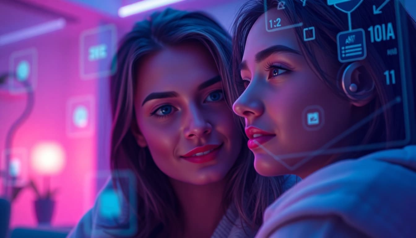 Engaging scene depicting a user interacting in a sex ai chat with a holographic AI companion in a cozy, futuristic setting.
