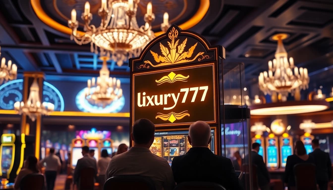 Permainan luxury777 game dengan mesin slot mewah yang dikelilingi pemain antusias.