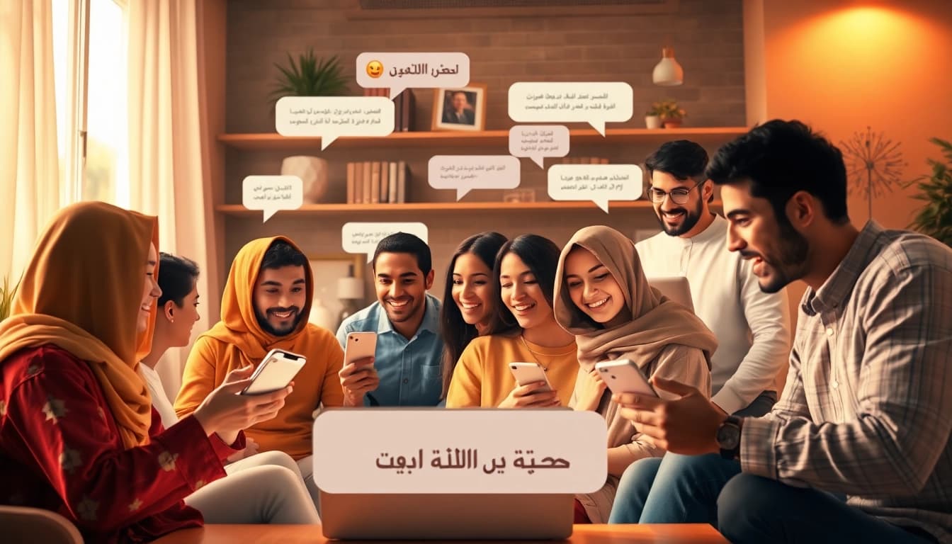غرفة دردشة عبر الإنترنت لشات عربي مع مشاركين متنوعين يستخدمون أجهزة متعددة.