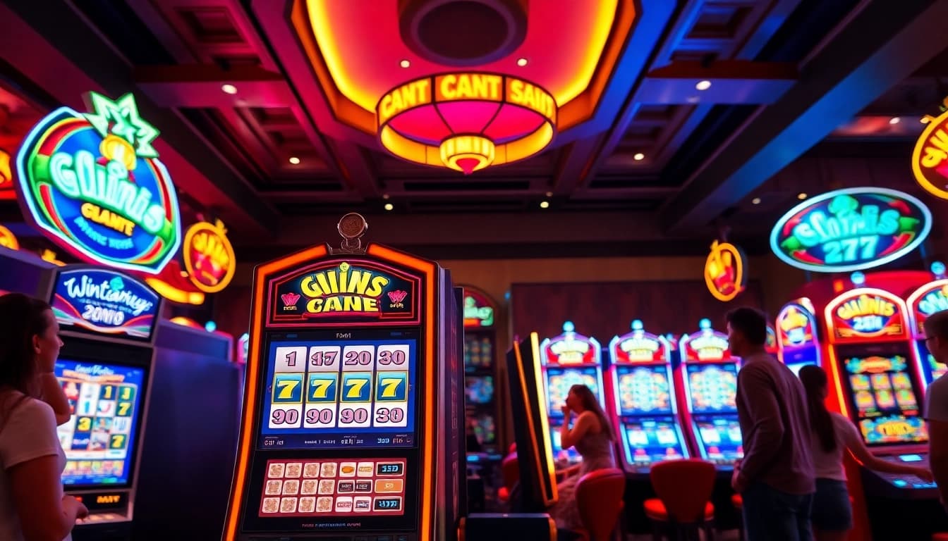 Permainan slot gacor dengan mesin berwarna cerah dan pemain bahagia di kasino.