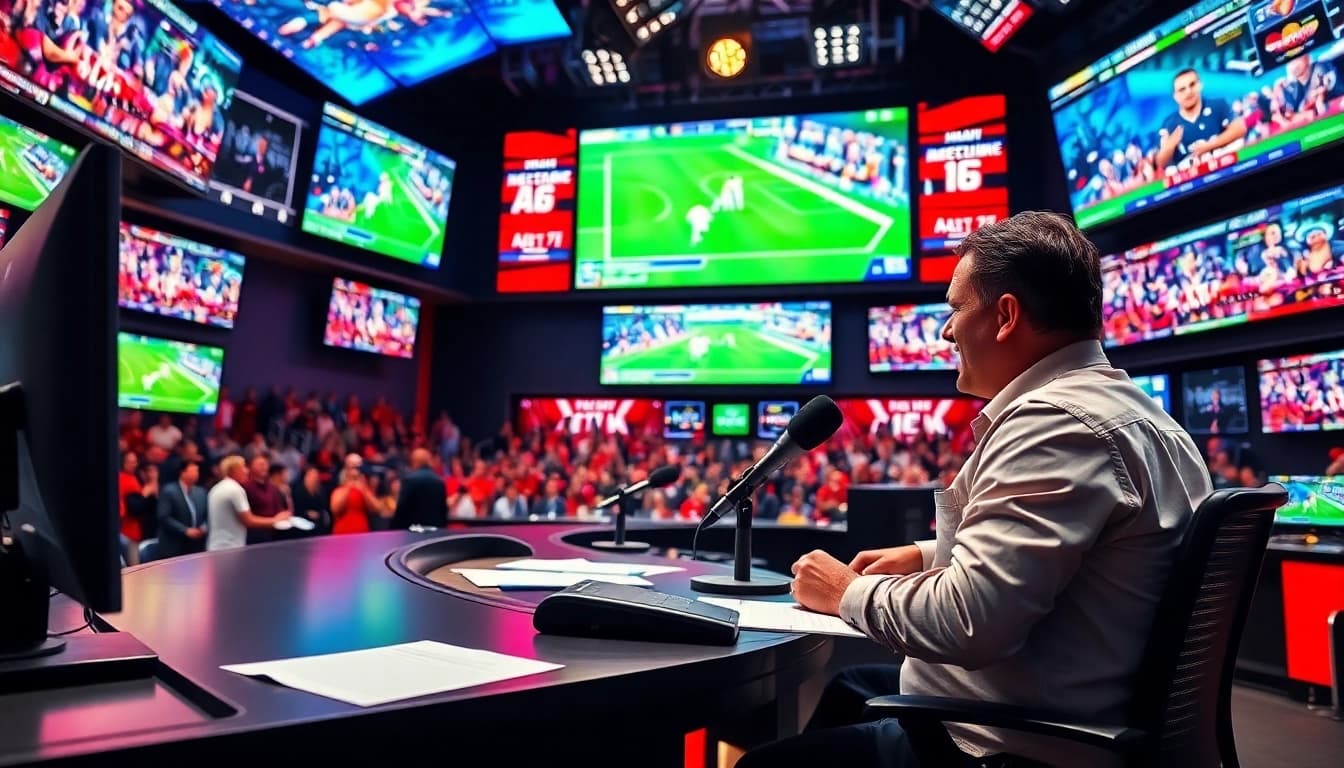 Engaging sports broadcasting scene with a broadcaster presenting live sports events.