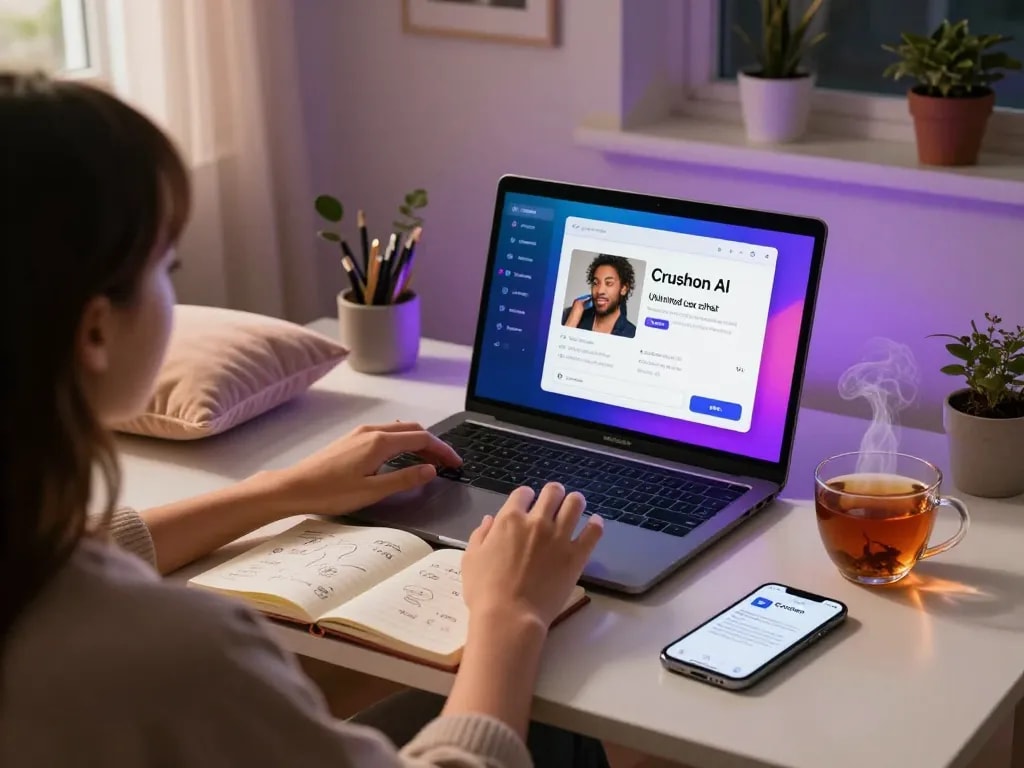 Interactive Crushon AI sex chat AI setup at home with laptop and tea