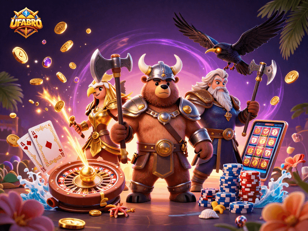Place your winning bets with UFABRO in an exciting casino environment featuring vibrant characters and dynamic games.