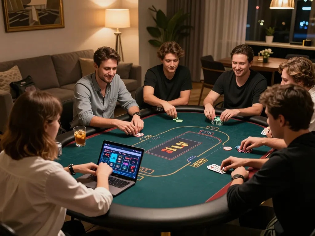 Players enjoying a dynamic Iwin poker game at home with warm ambiance and exciting gameplay.