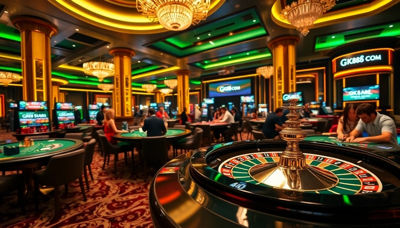 Experience high-stakes excitement at GK88 COM with vibrant casino gaming tables and players.