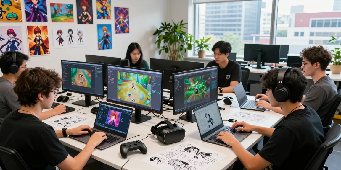 Engaging scene of developers working on hentai games in a vibrant studio.