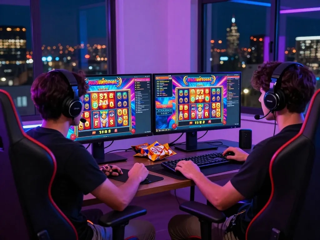 Excited player enjoying rusuntogel slots in a vibrant gaming setup.