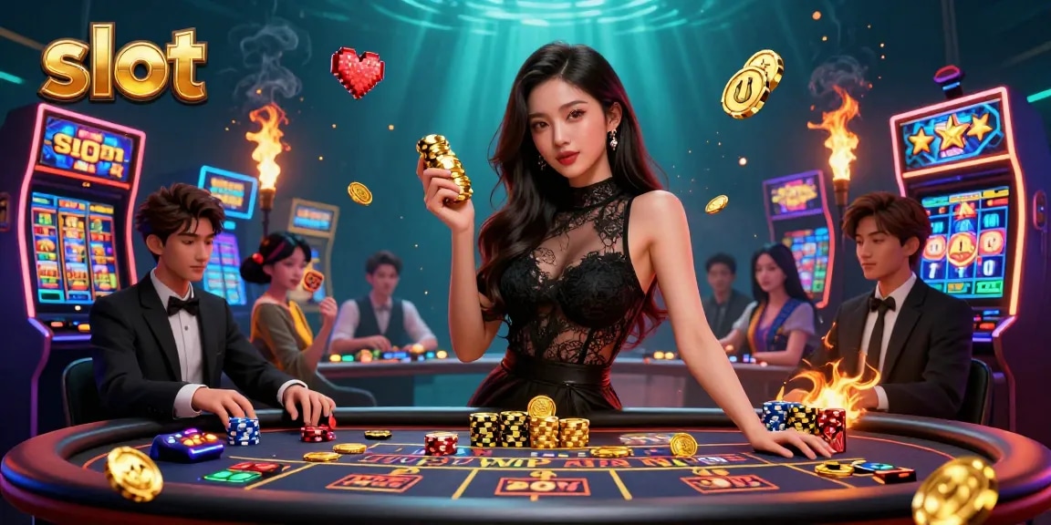 Spin the slot reels for exciting wins with a glamorous Asian woman at a casino.