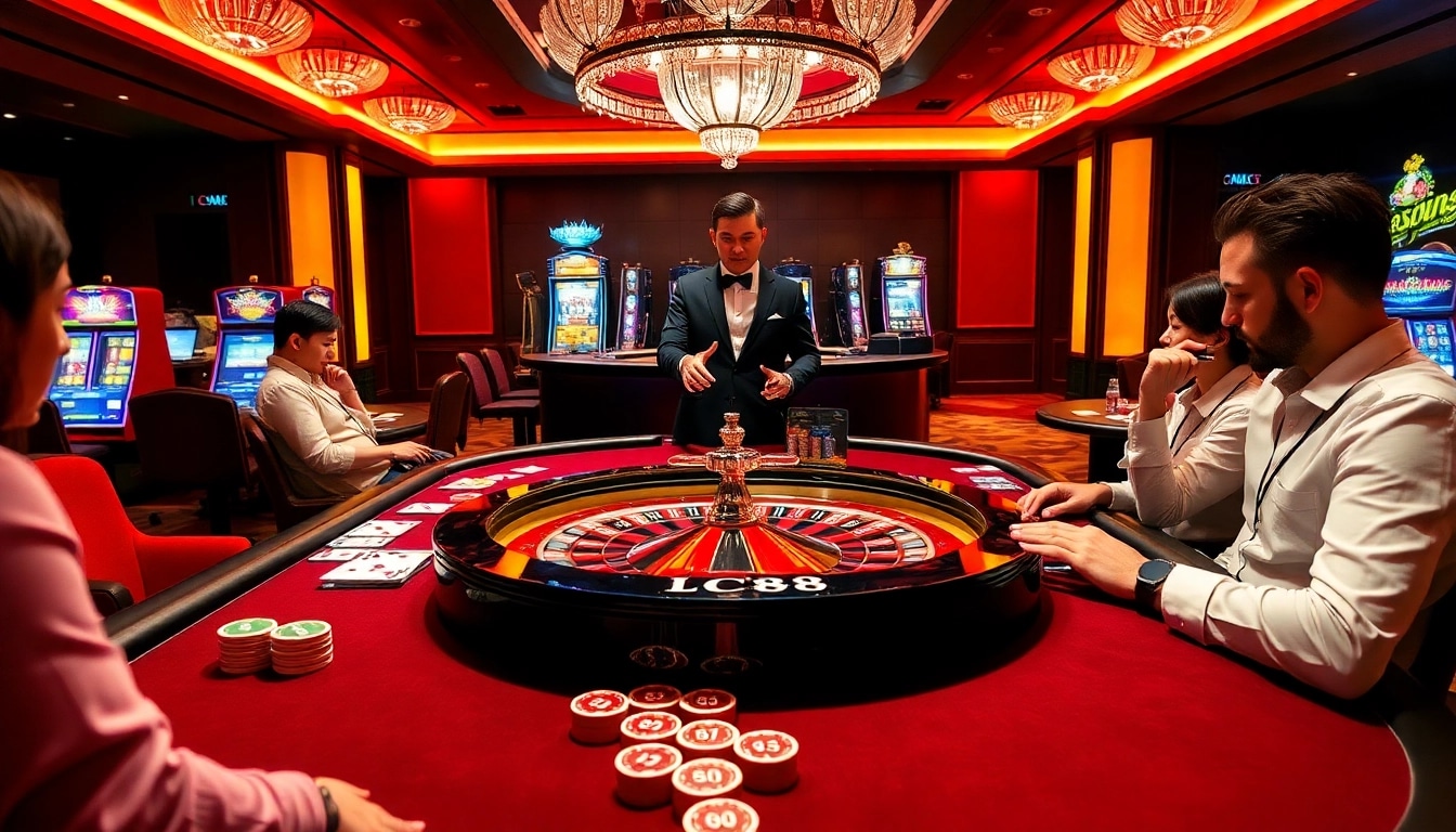 Players placing bets at the luxurious LC88 casino gaming table with lively atmosphere.
