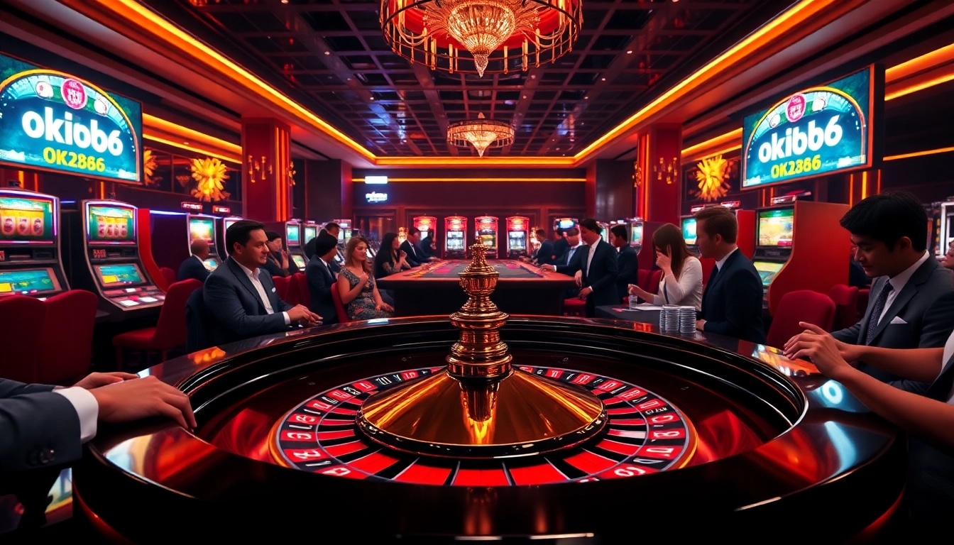 Players enjoying a thrilling roulette game at a luxurious casino table branded with ok8386.