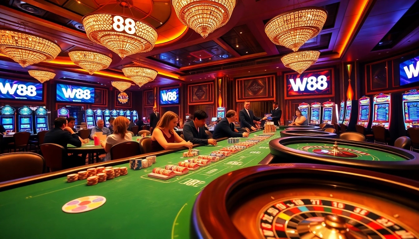 W88 poker table with enthusiastic players and vibrant casino atmosphere.