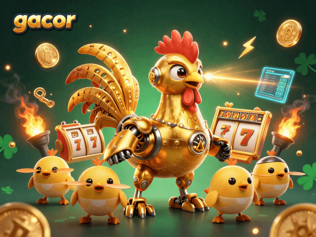 Play winning gacor slots with a golden rooster robot leading an adventurous crew in this captivating illustration.