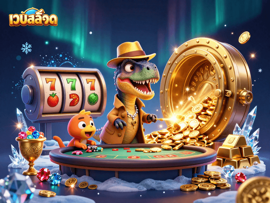 Engage with เว็บสล็อต as a velociraptor card counter sneaks at a lively blackjack scene.