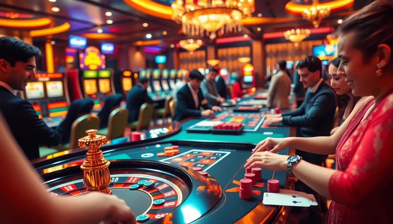 Excited players enjoying a game at BL555's lavish casino, with roulette and poker tables.