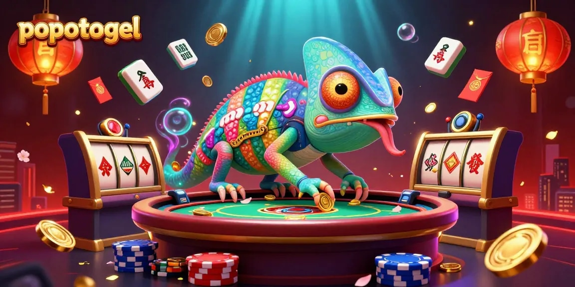 Experience the excitement of popotogel with vivid scenes of rich gambling elements, including spinning slot reels and festive decorations.