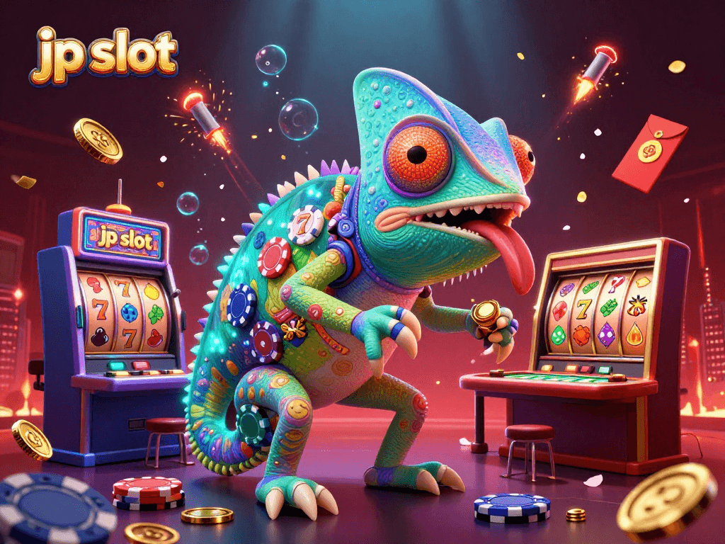 Engage with jp slots and revel in a vibrant 3D illustration of a chameleon casino owner amidst colorful gaming elements.