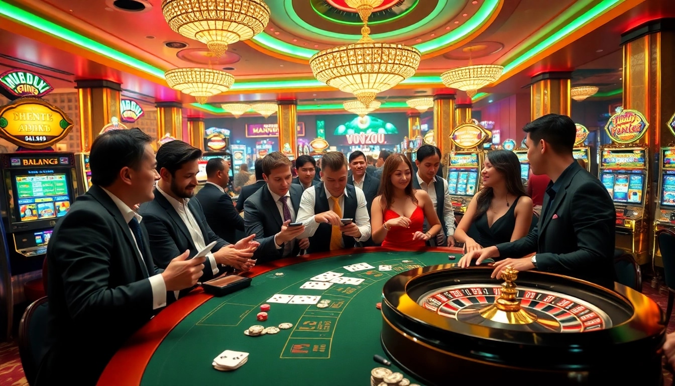 Players engaging in thrilling no hu games at a vibrant casino filled with casino tables, poker chips, and slot machines.