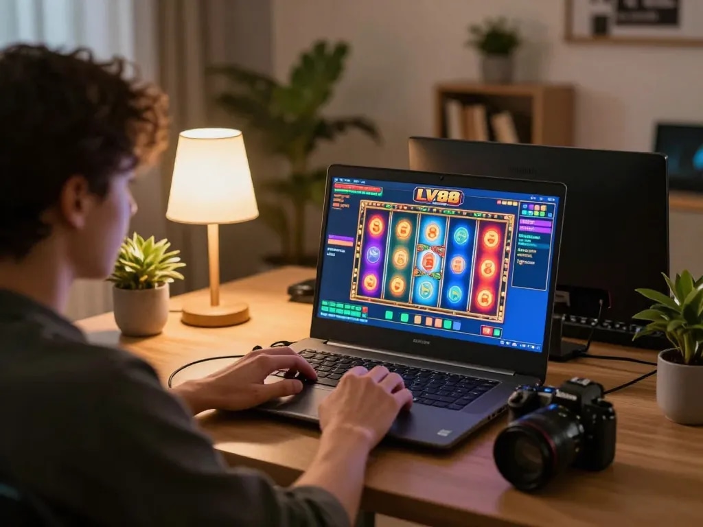 Player engaged in LV88 online casino gaming on laptop, showcasing an exciting slot game.