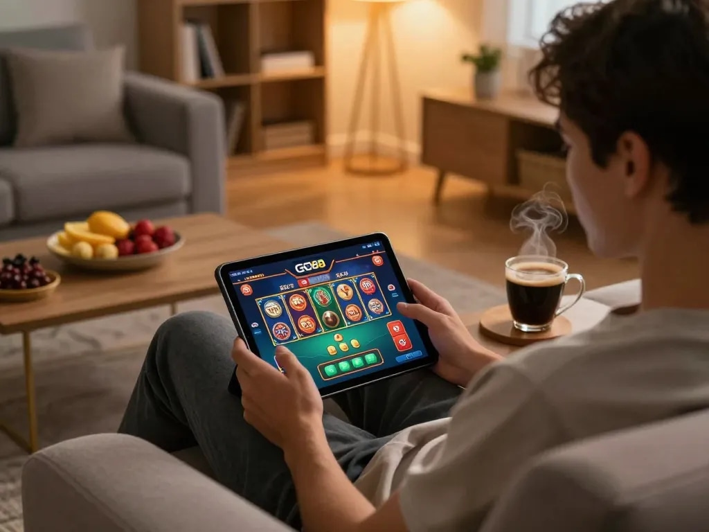 Enjoying GO88 casino games on a tablet in a cozy home setting with ambient lighting.