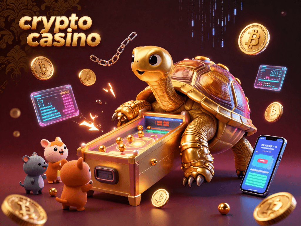 Experience the vibrant excitement of a crypto casino with bouncing coins and a dynamic tortoise pinball machine.