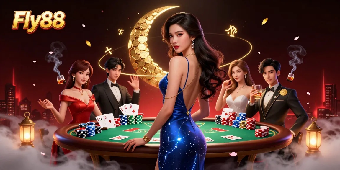 Experience high-stakes poker at Fly88 with an elegant casino scene featuring rich game elements and allure.