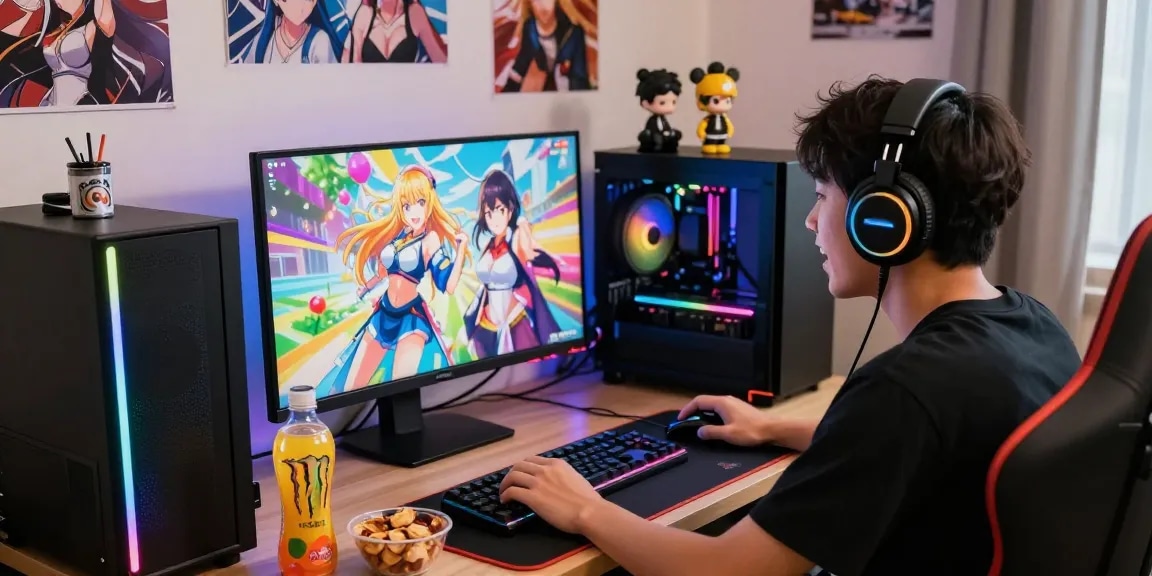 Player enjoying an ecchi game in a colorful, vibrant gaming setup with collectible décor and snacks.