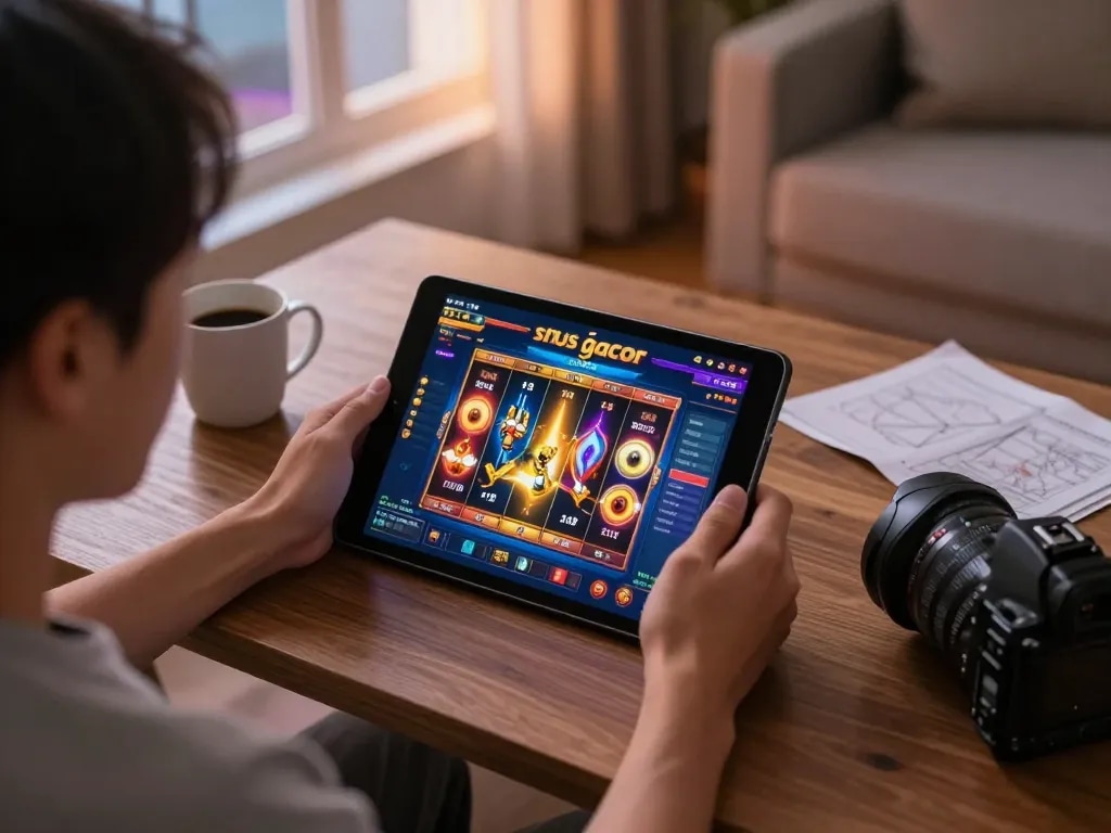 Engaging gameplay at a situs gacor slot game on a tablet in a cozy home setting.