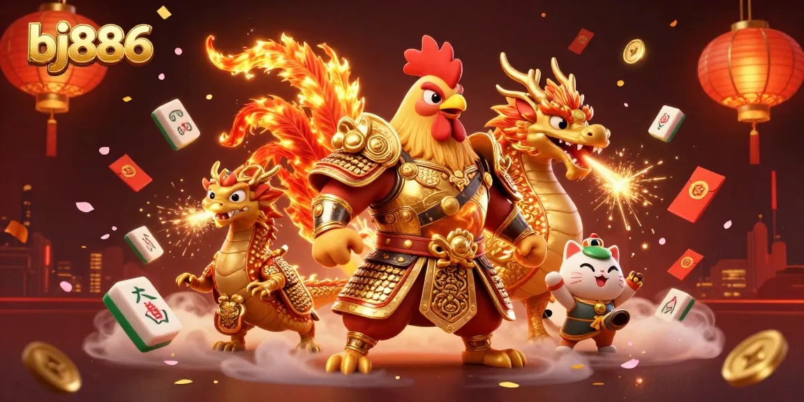 Experience thrilling action with bj886's vibrant fighting rooster and dragon in an exciting casino scene.