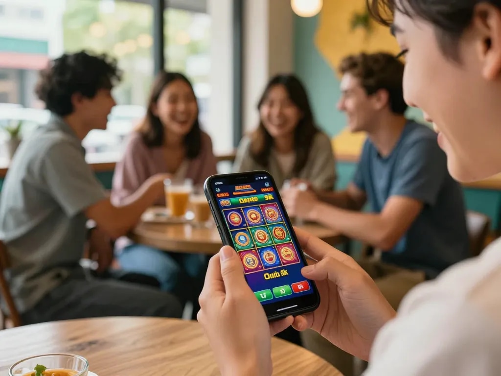Engaging in slot depo 5k gaming on a smartphone with friends at a café, showcasing playful excitement.