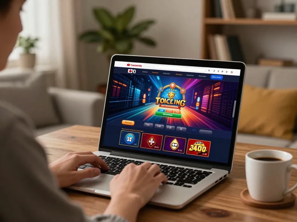 Engaging with Canadian online casinos at home, featuring interactive gaming on a laptop.