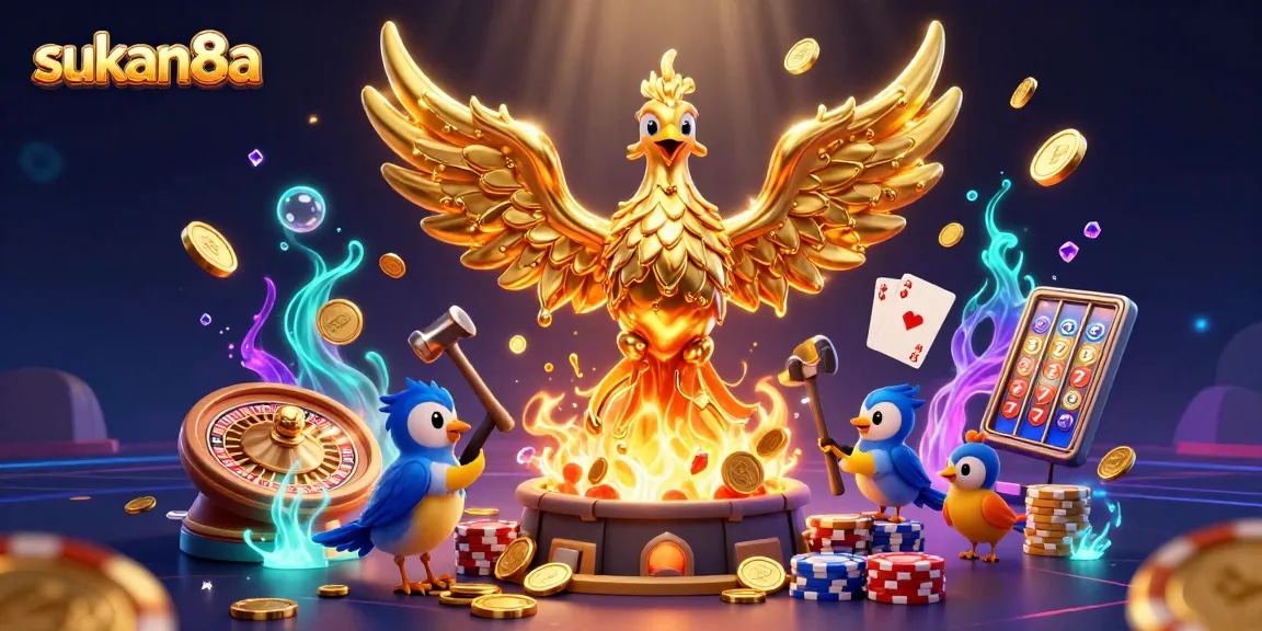 Sukan8a welcomes players with golden phoenix and vibrant casino game elements for thrilling action.