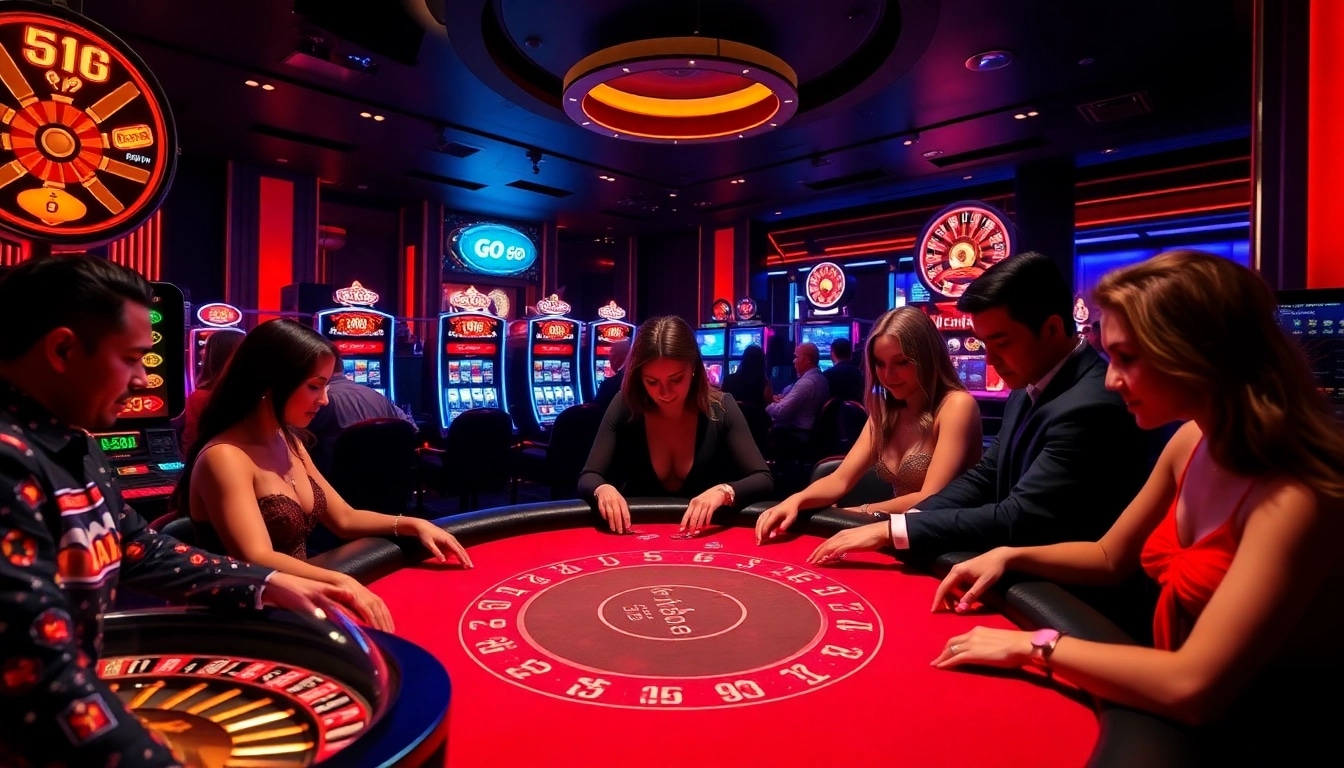 Engage in a thrilling go 88 igo experience at a glamorous casino table with vibrant lights and players.