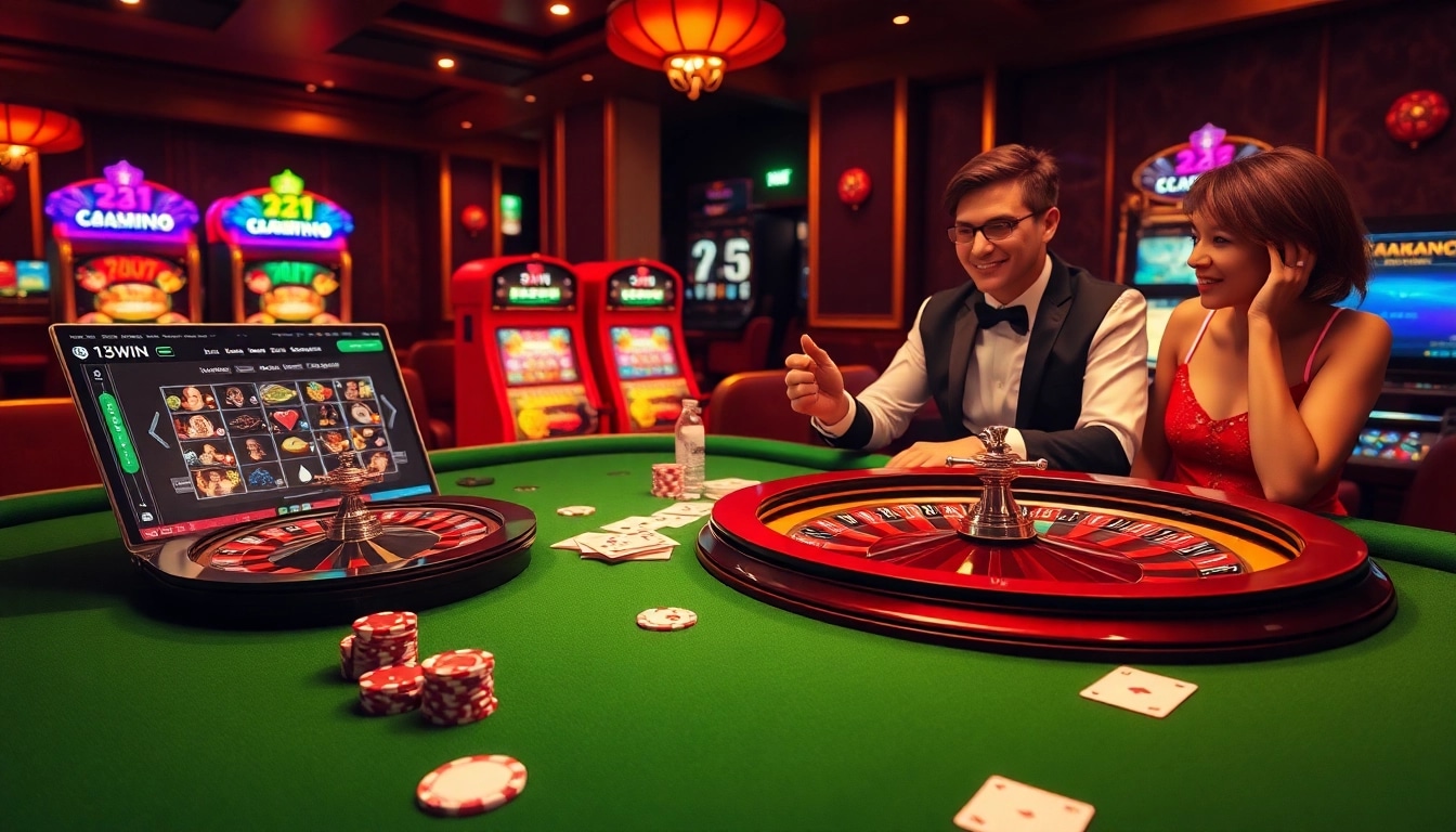 Experience the thrill of gaming with a luxurious 13win casino table showcasing roulette and poker chips.