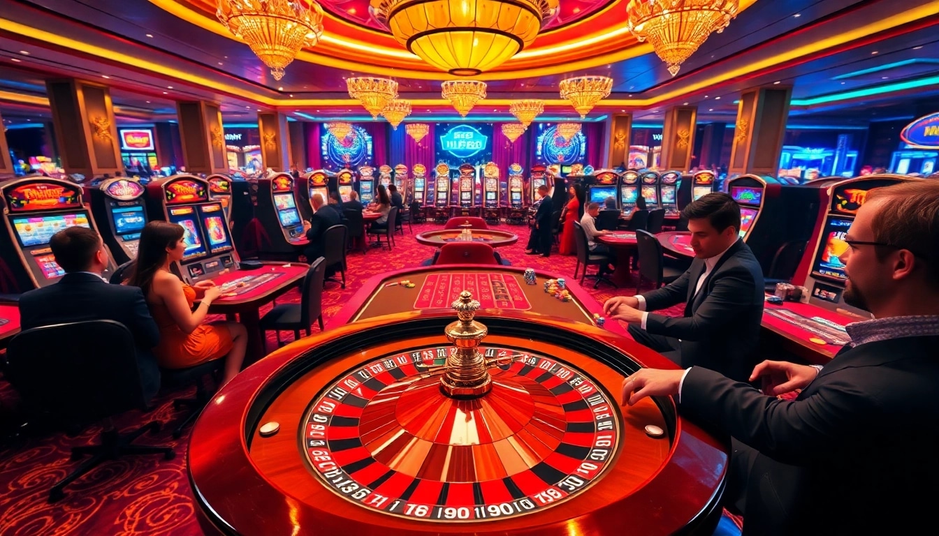 Experience the thrill of gaming with hm88 link at a luxurious casino featuring vibrant tables and slot machines.