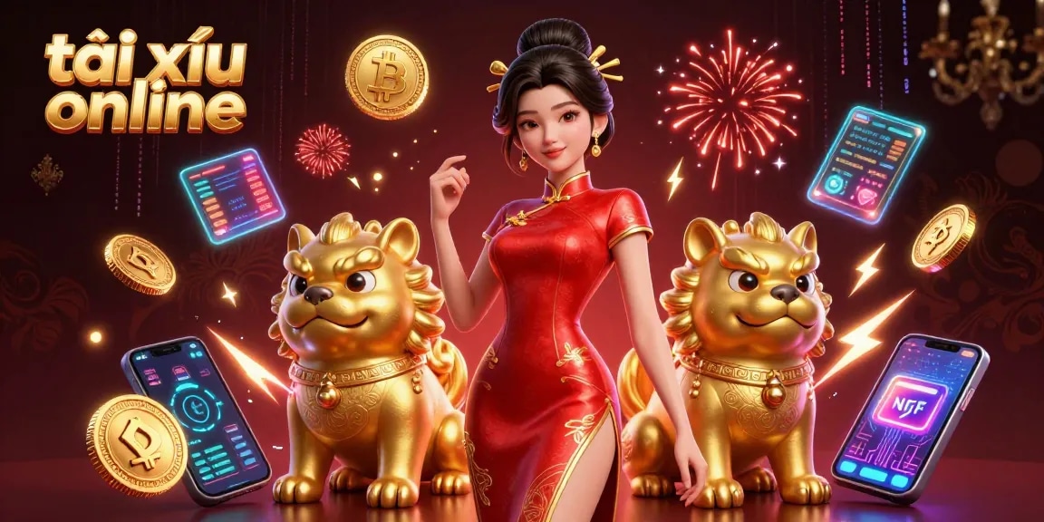 Experience the thrill of tài xỉu online with glamorous Asian woman amid dazzling game elements.