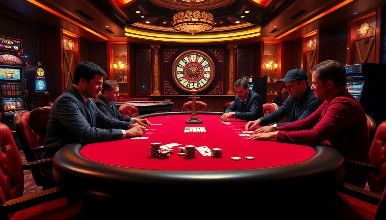 Players enjoying high-stakes poker at NK88, surrounded by vibrant casino elements.