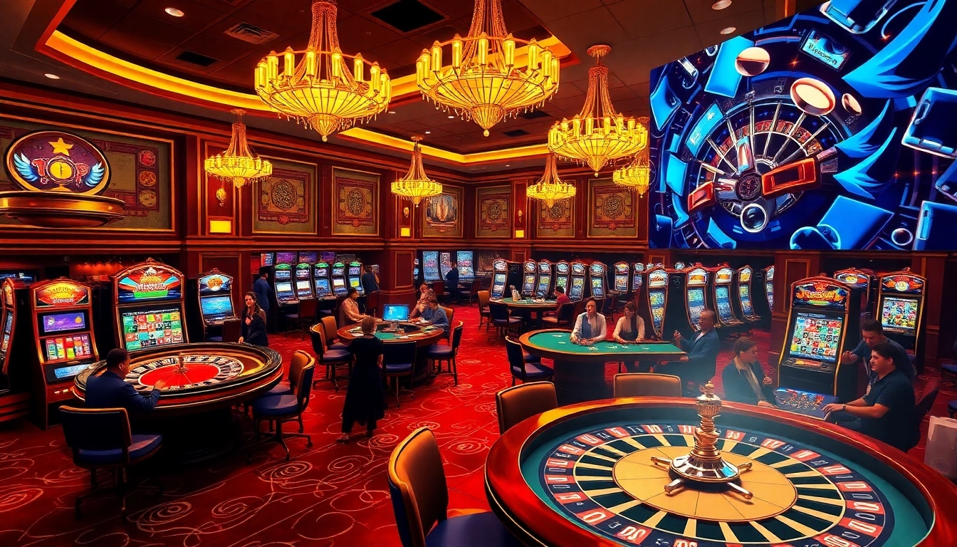 Exciting casino scene illustrating sơ đồ trang web ee88 with luxurious tables and vibrant games.