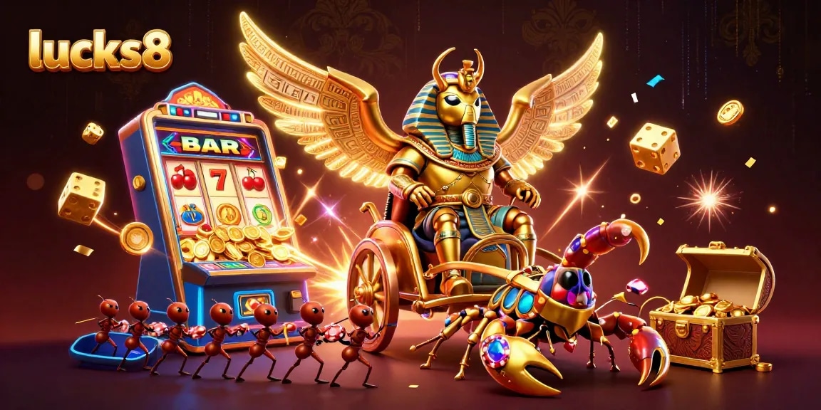 Engage with lucks8's thrilling casino experience featuring a golden scarab beetle and exciting slot machine elements.