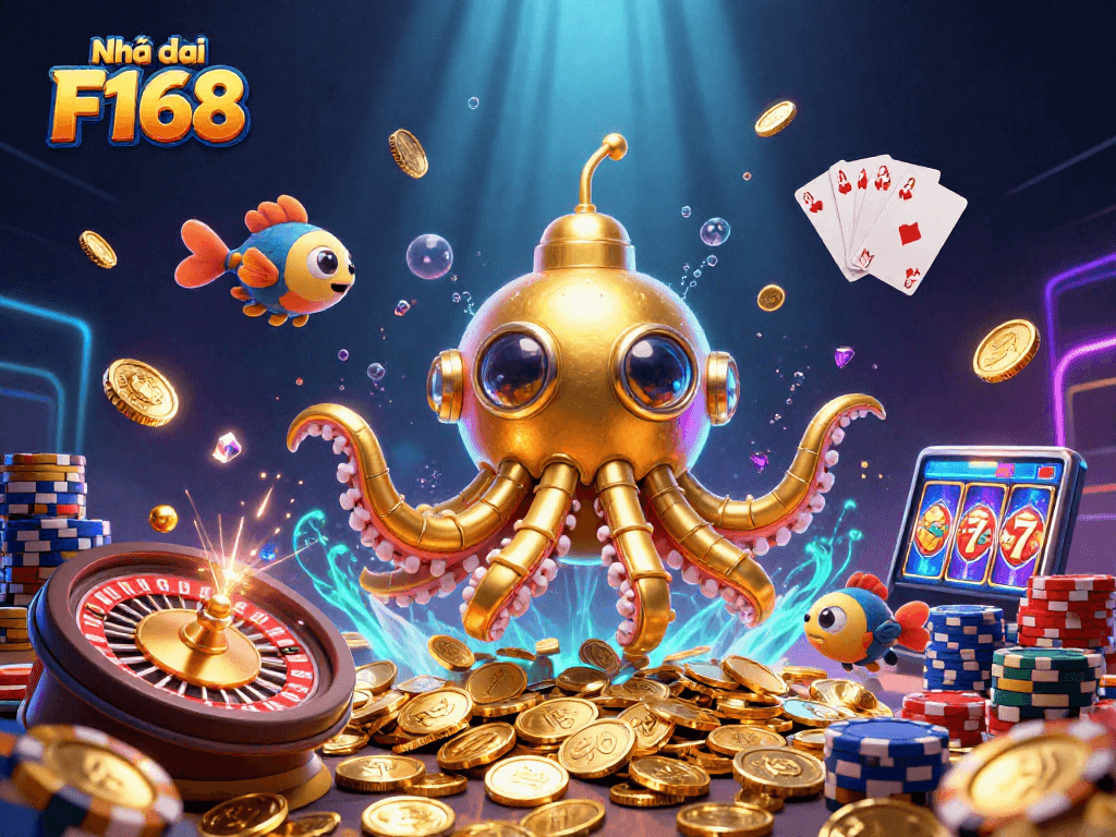 Engage in thrilling gaming at Nhà cái F168 with a vibrant illustration of a golden kraken amidst cascading coins.