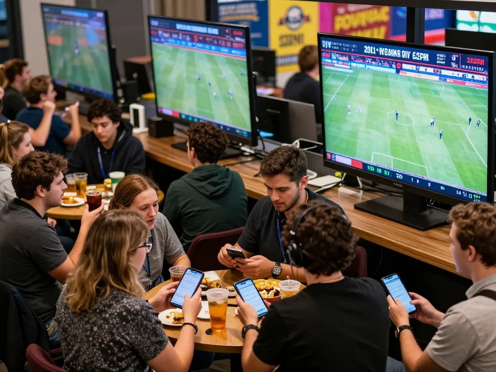 IDNSCORE enthusiasts placing bets during a live sports event in an energetic betting area.