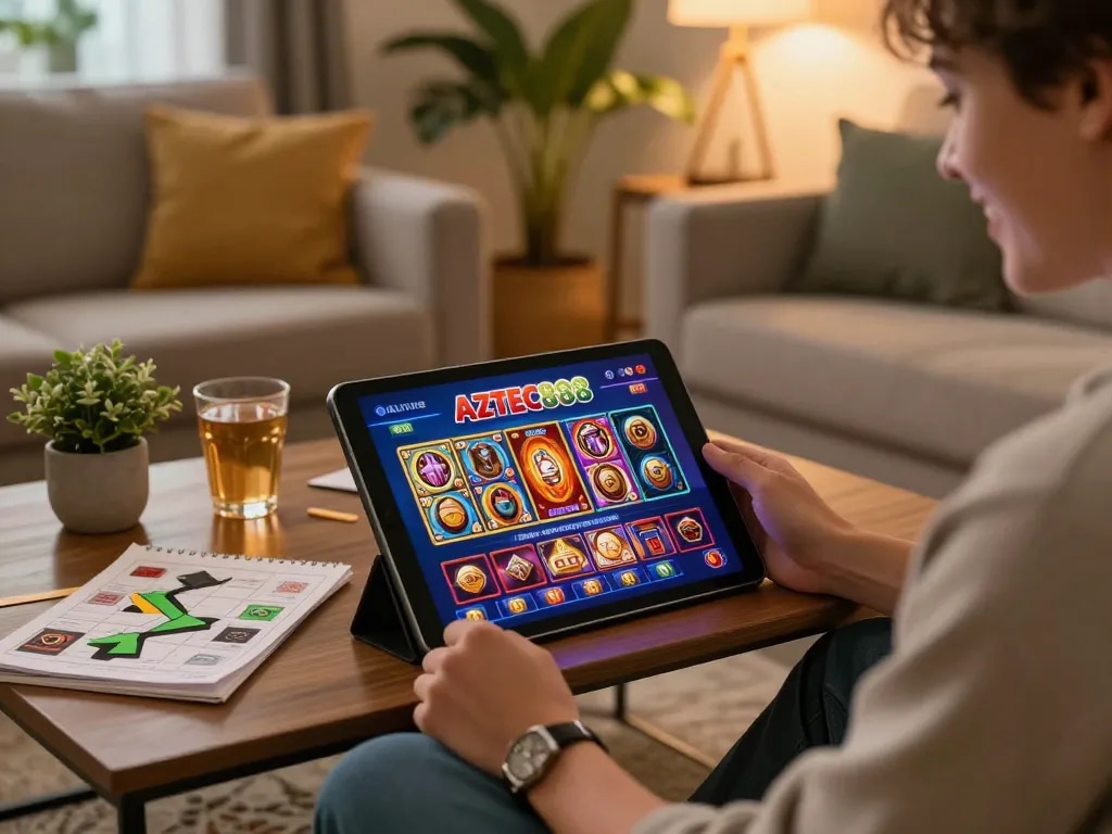 Player enjoying AZTEC888 online slots on tablet in a cozy living room setting, showcasing engaging gameplay