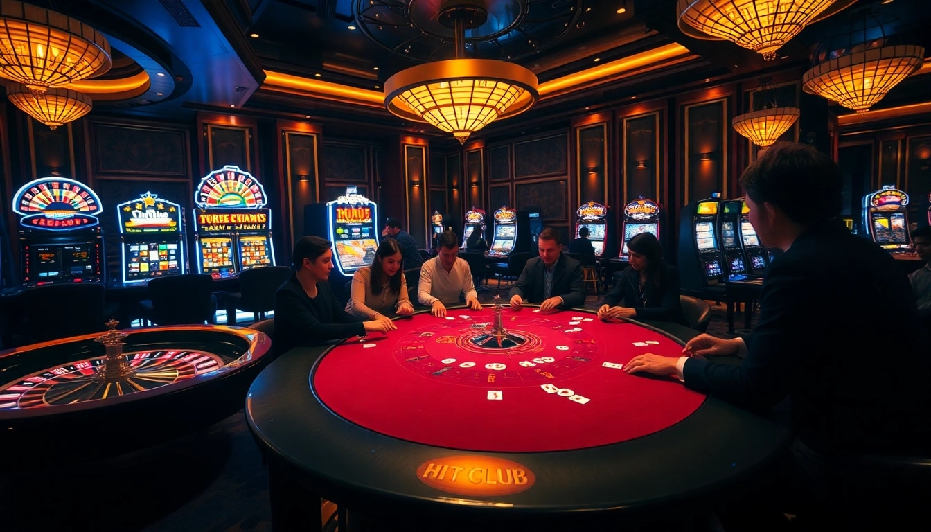 Hit Club gaming experience with players at a poker table, roulette wheel, and slot machines.