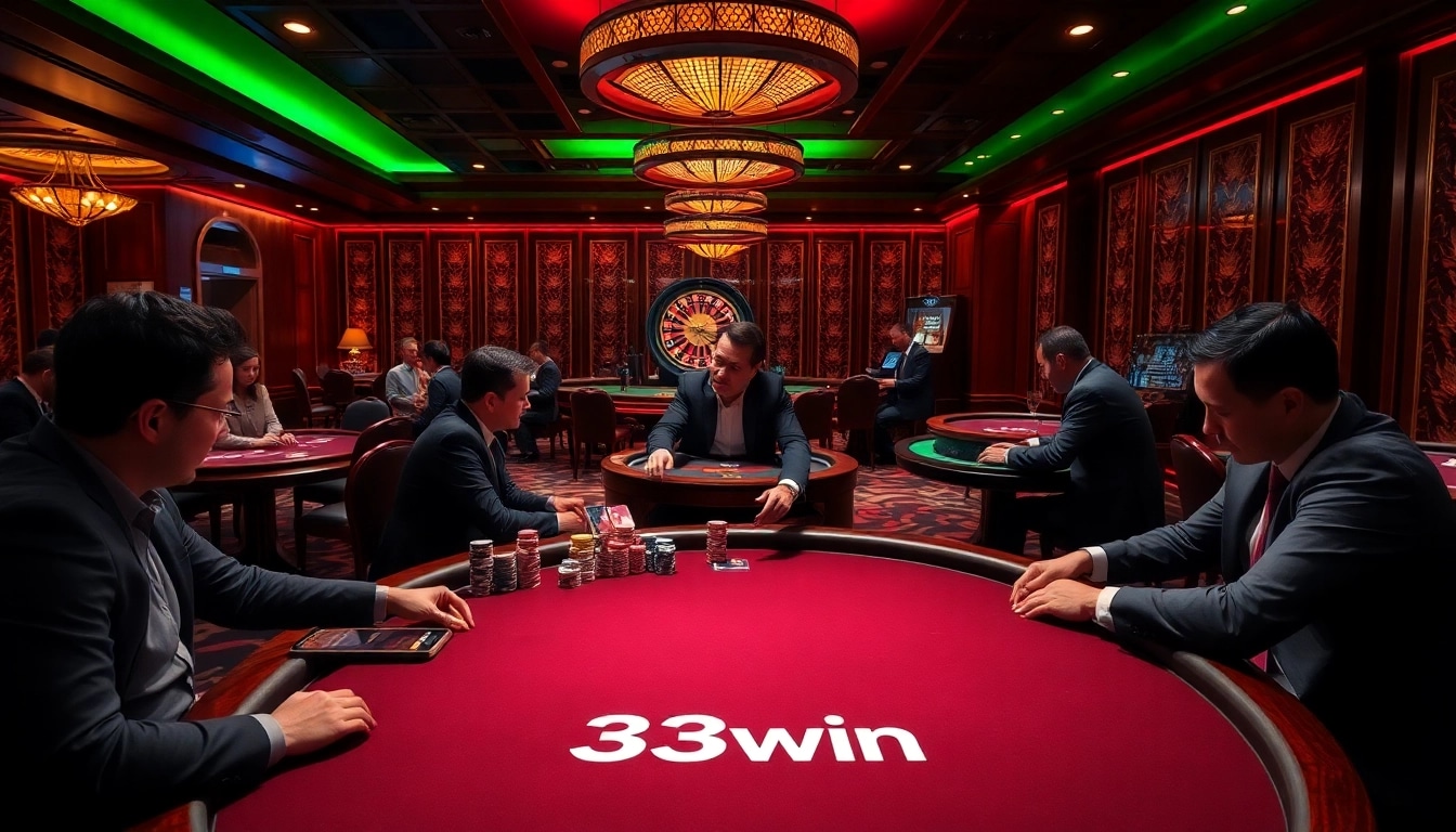Experience the excitement of 33win at a vibrant poker table surrounded by engaging casino elements.