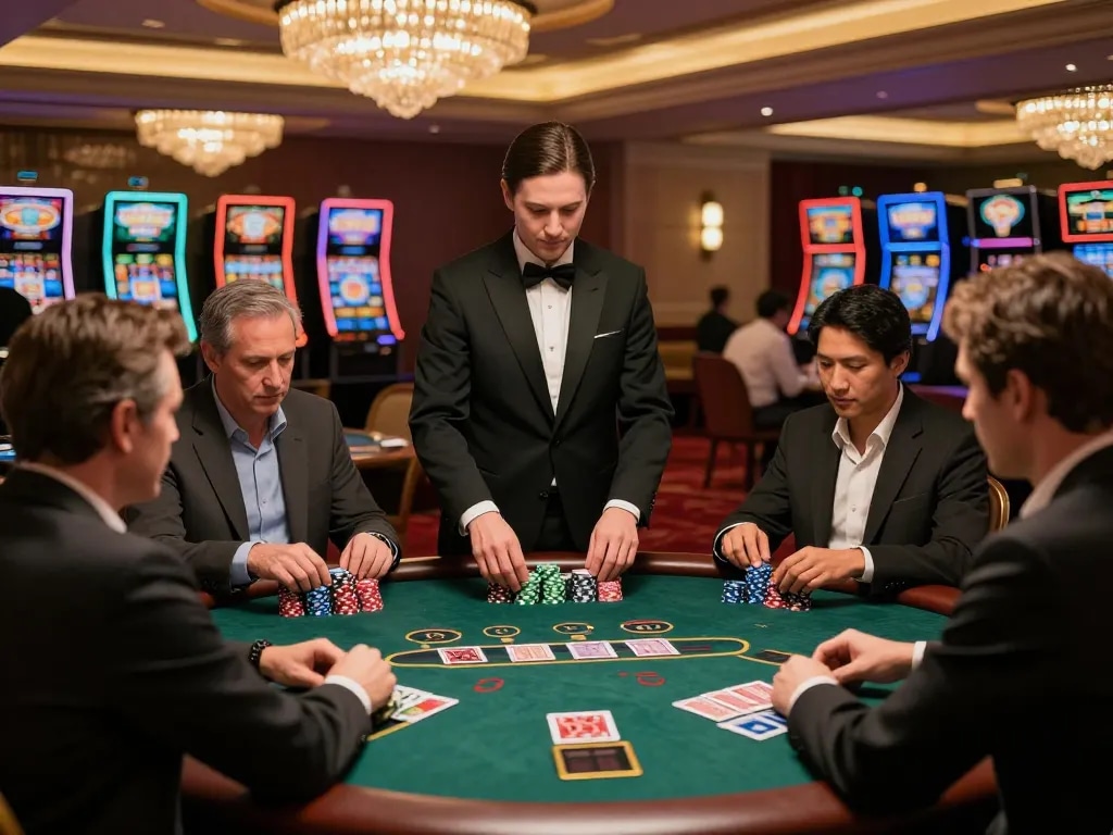 Engaging players at a blackjack table enjoying ดูหนังออนไลน์ฟรี in an upscale casino environment.