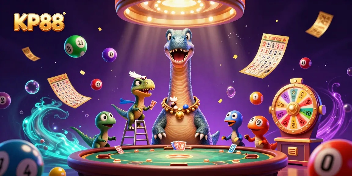 Experience KP88's vibrant casino atmosphere with dinosaurs, colorful lottery balls, and dynamic gameplay elements.