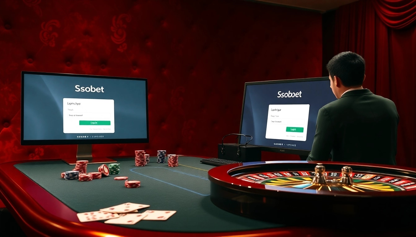 Engage with sbobet login on a sleek device at a vibrant, luxurious casino table filled with cards and chips.