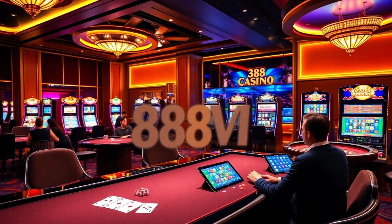 Gamblers enjoying an exciting game at 888VI online casino with vibrant slot machines.