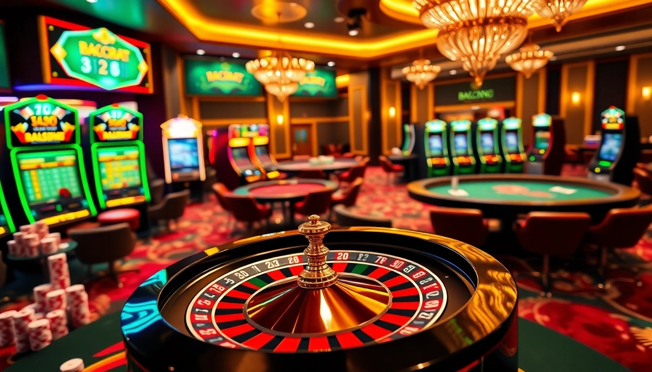 Experience the excitement of new888 with a luxurious online casino scene featuring gaming tables and slot machines.